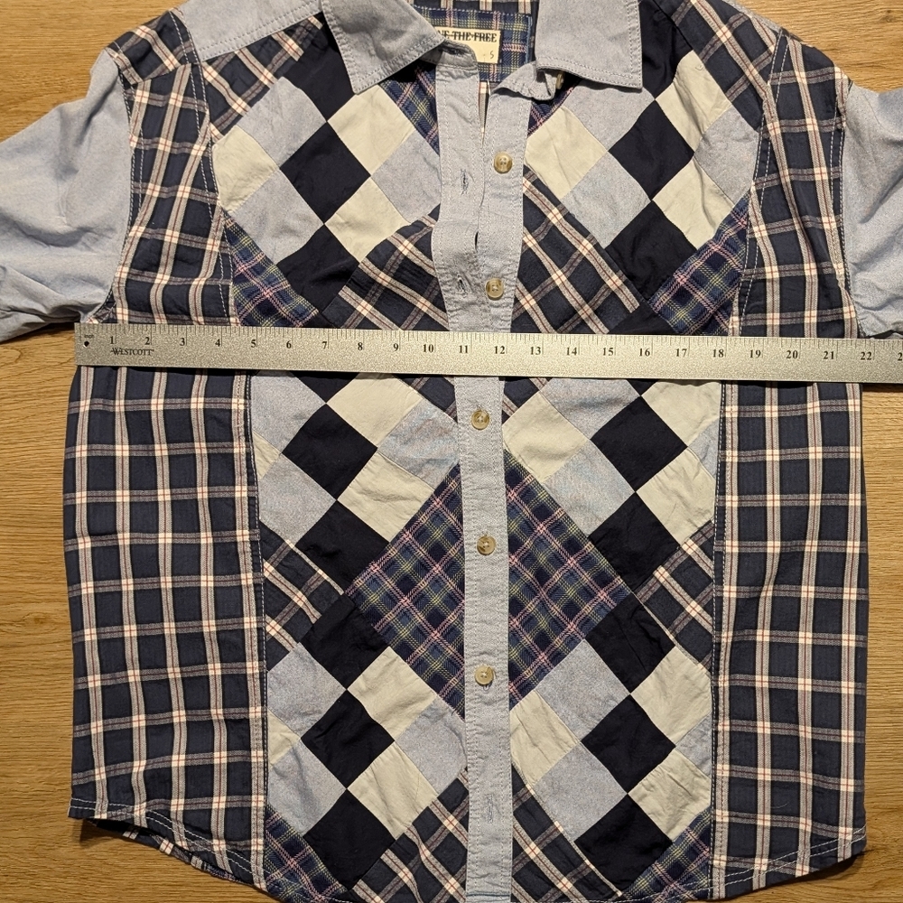 Free People NWOT Argyle Plaid Shirt in Blue-Multi Patchwork sz SML​ - Picture 9 of 12